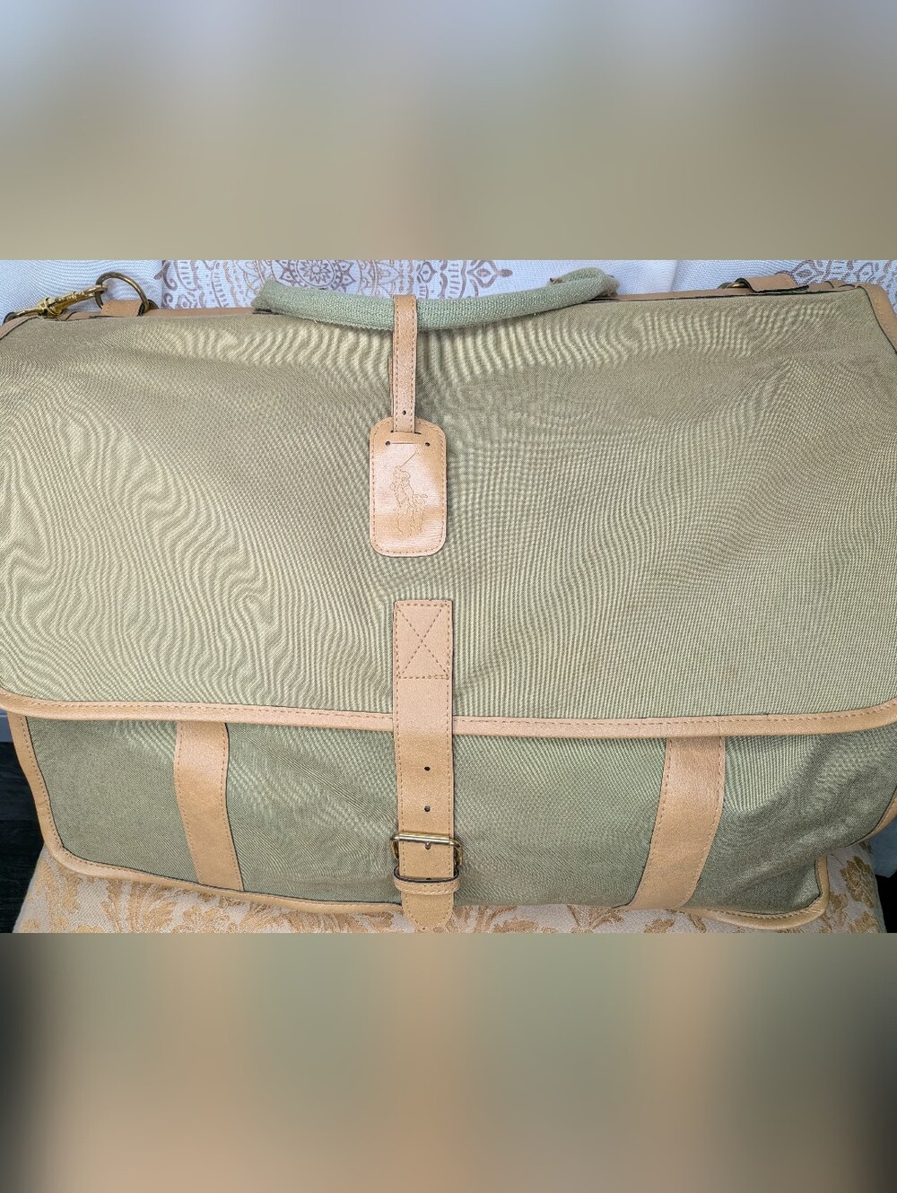 Vintage Pea Green Polo Ralph Lauren Canvas and Leather Messenger / Briefcase Bag